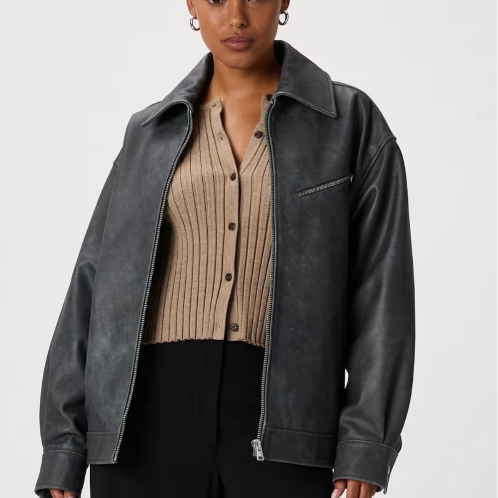 Quince 100% Leather Oversized Bomber Jacket - Distressed Black